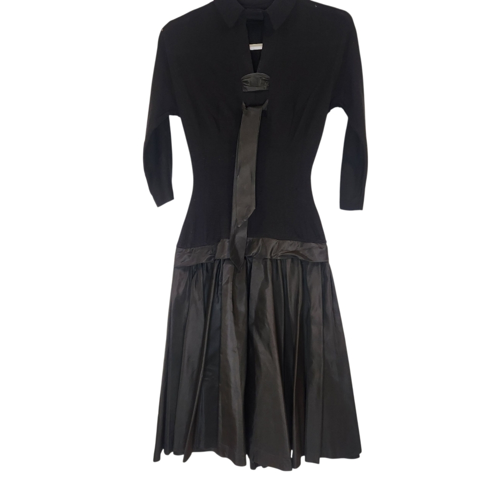 Vintage OOAK 1950s Black Dress with‎ Flared Swing Skirt Handmade